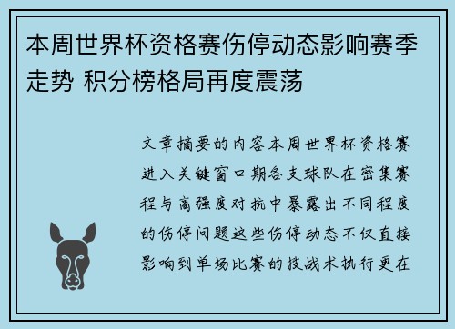 本周世界杯资格赛伤停动态影响赛季走势 积分榜格局再度震荡